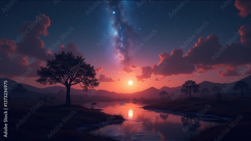 Naklejka premium A group of silhouetted figures stands beneath a breathtaking sunset, with a vast starry sky and the Milky Way stretching across the horizon. Generative, AI,