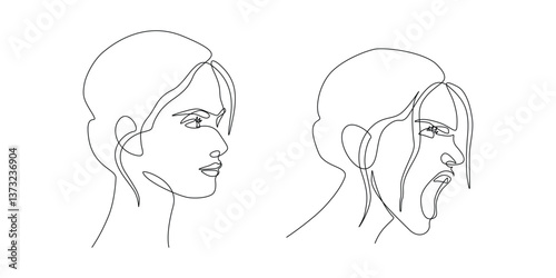 Calm and angry screaming woman in continuous one line drawing. Stress and anger person behind apparent calmness in simple linear style. Mental health and illness concept. Contour vector illustration