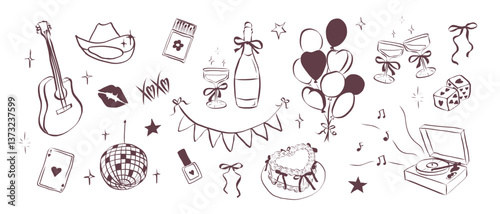 Cowgirl set in hand drawn coquette style. Outline whimsical symbols for bachelorette and girls birthday party. Trendy art for menu and banner for holidays. Doodle vector illustration