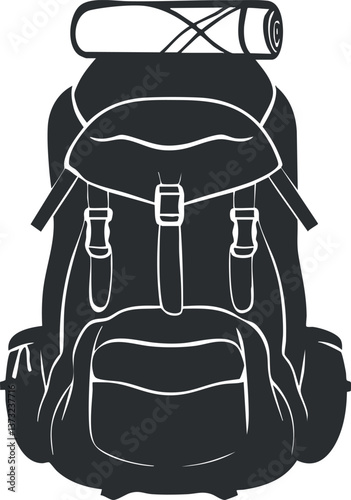 Vector silhouette of camping backpack with rolled sleeping bag for outdoor adventures.