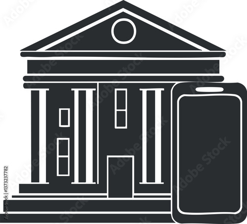 Vector illustration of a bank building with a smartphone symbolizing mobile banking.