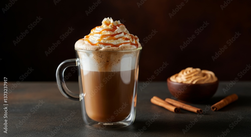 Caramel topped latte with cream and cinnamon sticks on dark background Caramel topped latte with cream and cinnamon sticks on dark background