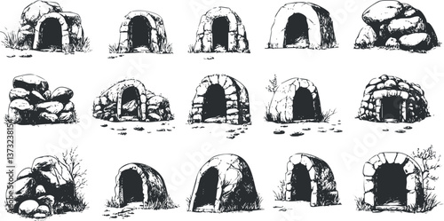 Collection of ancient stone cave entrances illustrations for historical or archaeological themes.