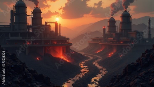 A futuristic industrial landscape with large factories emitting smoke at sunset, surrounded by mountains and molten lava-like streams, creating a dramatic, dystopian atmosphere. Generative, AI,