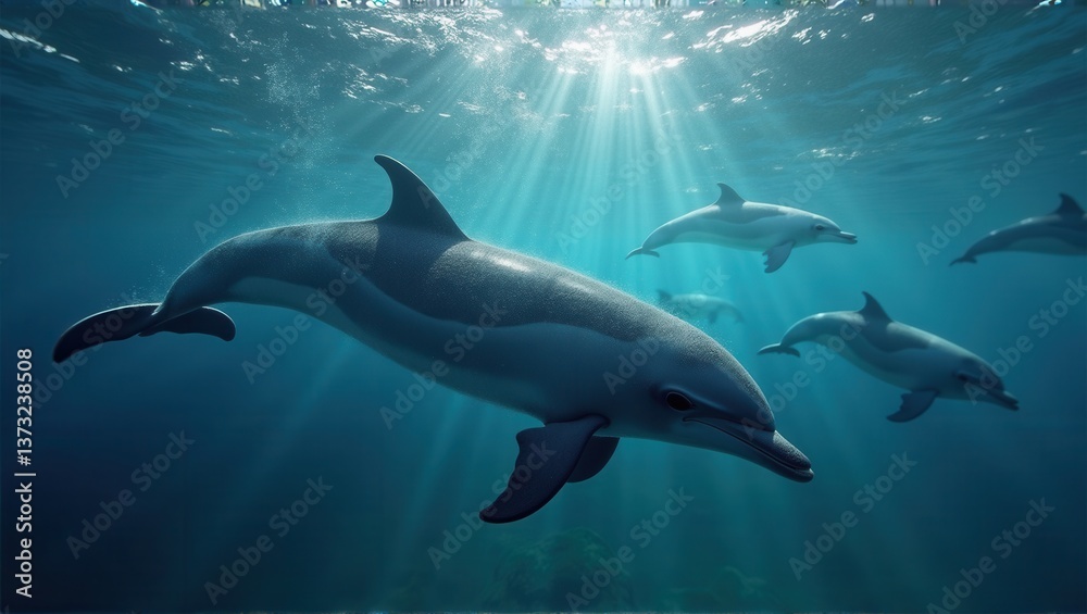 Obraz premium A group of dolphins swimming peacefully underwater, with sunlight filtering through the water, creating a serene and magical atmosphere. Generative, AI,
