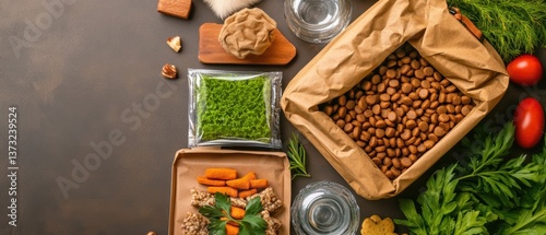 Flat lay arrangement of various pet food including dry kibble in paper bag, fresh herbs, carrots, water bowls, and supplementary ingredients displayed beautifully