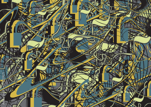 Futuristic backdrop in gray-golden tonality for fashion trends or covers. Chaotic ornamental motifs for business concepts, fabric, tiles, prints, dynamic posters, interior solutions, carpets, etc. 