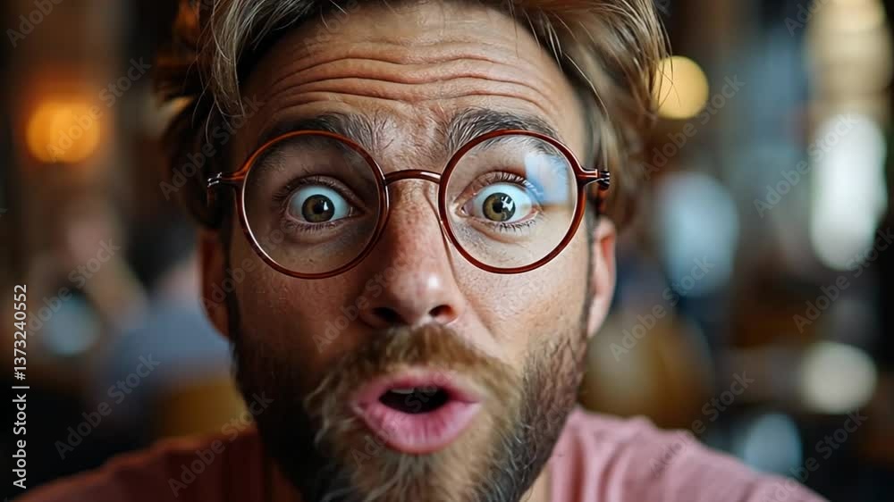 Man with glasses, surprised expression, cafe background, close-up, stock photo Man with glasses, surprised expression, cafe background, close-up, stock photo