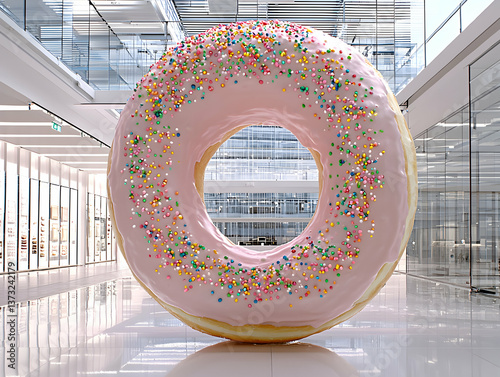 Giant Pink Donut with Sprinkles in Modern Building Interior