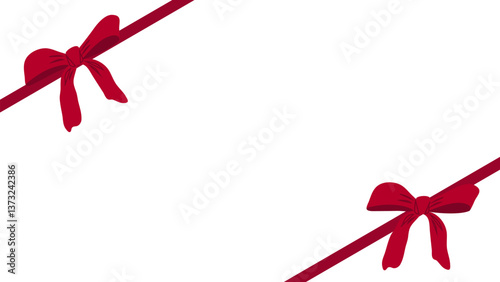 Red ribbon bow hand drawn on banner. Decorative elements for holiday invitations and birthday cards. Vector illustration.