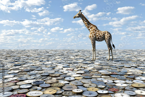 Giraffe Standing on a Field of Clocks Under a Sunny Sky