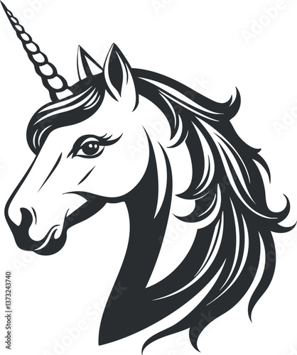 Black and white vector illustration of a unicorn with a flowing mane and single horn.