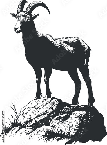 Black and white silhouette of a goat standing on a rocky outcrop in a natural setting.