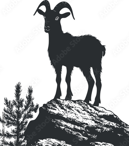 Silhouette of a goat standing on a rocky mountain with a tree, showcasing wildlife.