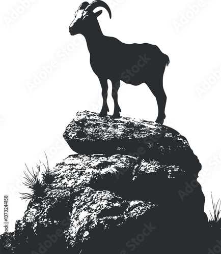 Silhouette of a goat standing on a rocky outcrop against a clear sky background.