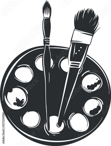 Monochrome illustration of a paint palette and brushes, representing artistic creativity and tools.