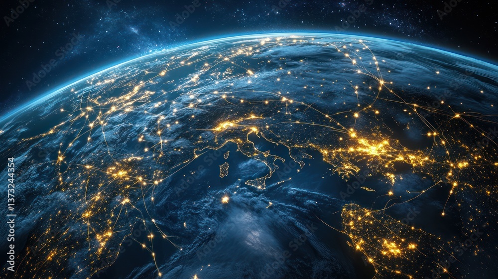 Fototapeta premium Illuminated Earth Globe Showcasing Global Connection Systems At Night