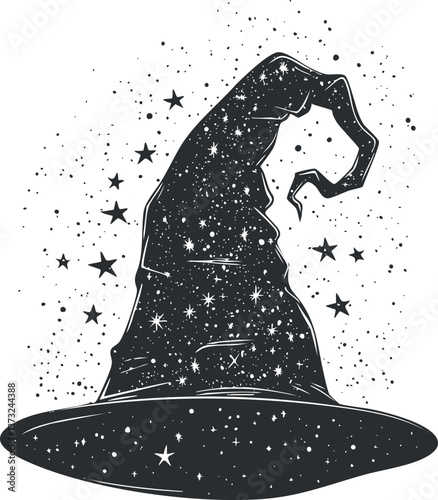 Illustration of a mystical witch hat with stars, ideal for Halloween and fantasy themes.