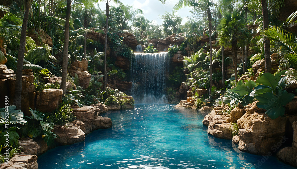 Naklejka premium Tropical waterfall pool lush greenery