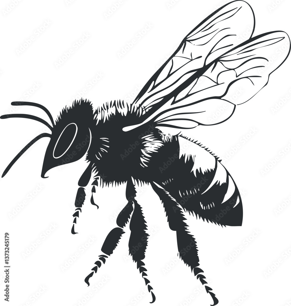 Obraz premium Black and white illustration of a bee with detailed wings and body, showcasing nature's elegance.