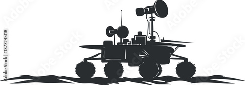 Silhouette of a space exploration rover with antennas and equipment on rugged terrain.