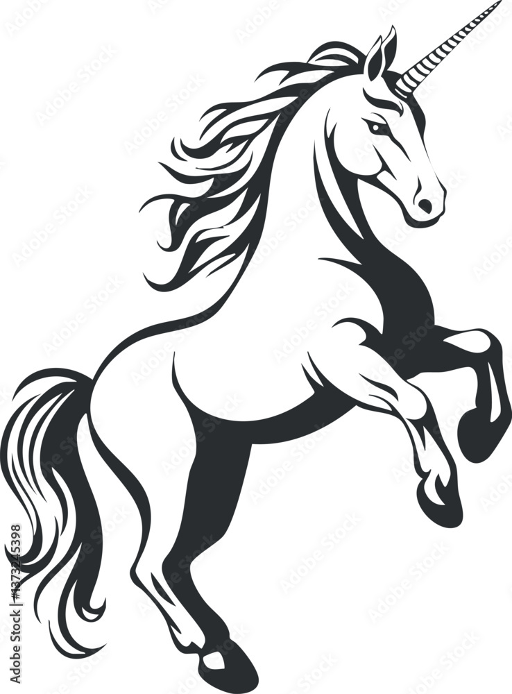 Obraz premium Black and white silhouette illustration of a unicorn, showcasing its mythical and majestic nature.