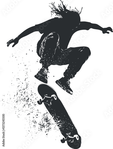 Silhouette of a skateboarder performing a trick in mid-air with a dynamic pose.
