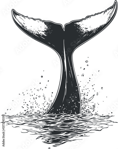 Black and white illustration of a whale tail splashing in the ocean water.