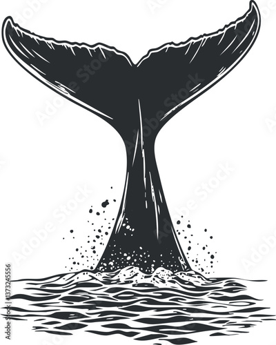 Black and white illustration of a whale tail splashing in ocean water.