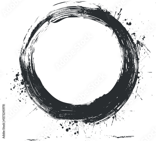 Abstract black ink circle with brushstroke texture and splatter elements on white background.