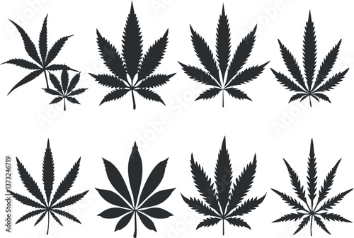 Illustration of black cannabis leaf silhouettes in various styles on a white background.