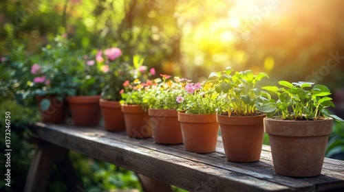 Wallpaper Mural Vibrant garden scene with diverse seedlings on weathered bench Torontodigital.ca