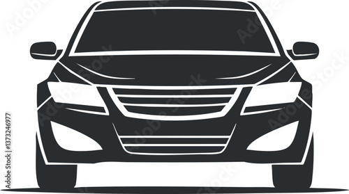 Black silhouette of a modern sedan car from the front view, showcasing sleek design.