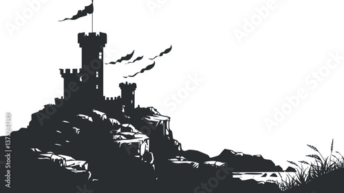 Silhouette of a medieval castle with flags on a rocky hilltop in black and white.