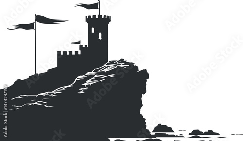 Silhouette of a medieval castle on a cliff with flags and ocean in the background.