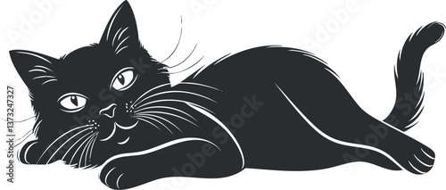 Black silhouette illustration of a relaxed cat with whiskers and tail, showcasing playful elegance.