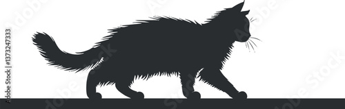 Black silhouette of a walking cat with a bushy tail and pointed ears on white background.