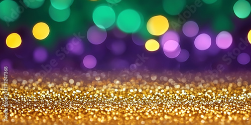 Mardi gras festive background with gold glitter and blurred purple, green, and gold lights