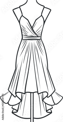 Elegant sleeveless dress illustration with asymmetrical hemline and wrap-style bodice design.