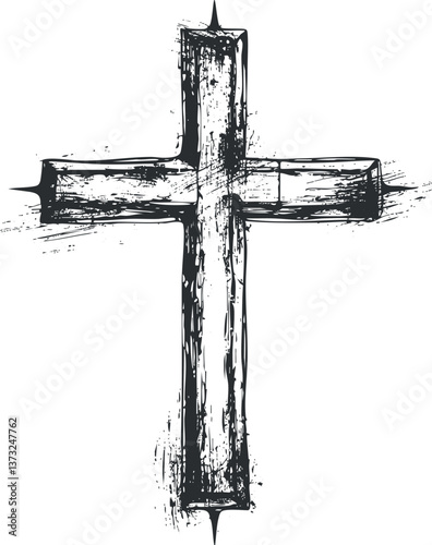Grunge-style black and white illustration of a cross symbolizing faith and spirituality.
