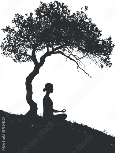 Silhouette of a person meditating under a tree, conveying peace and mindfulness in nature.