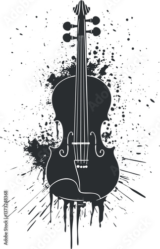 Abstract black and white silhouette of a violin with paint splatters and drips.