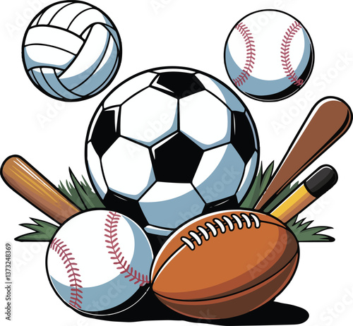 Soccer, volleyball, baseball and rugby equipment vector illustration