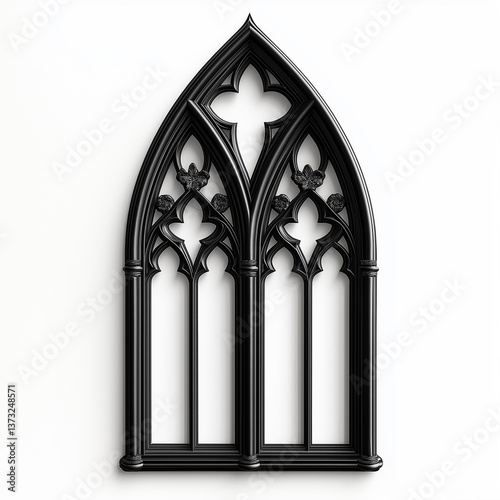 Black gothic window frame with ornate details isolated on white background