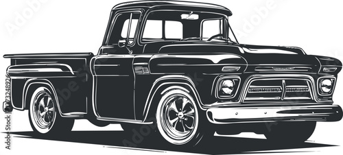 Black and white illustration of a vintage pickup truck showcasing classic automotive design.