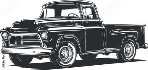 Black and white illustration of a vintage pickup truck, highlighting classic automotive design features.