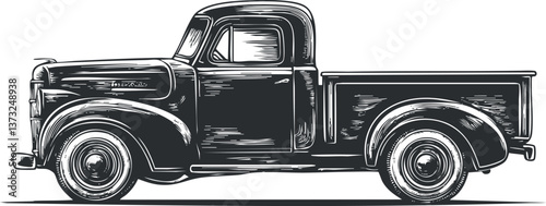 Vintage pickup truck illustration in black and white, showcasing classic automotive design.