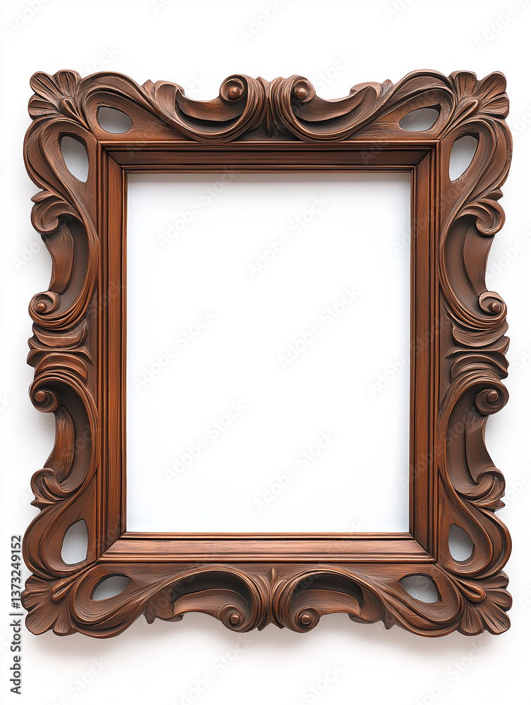 Elegant wooden picture frame with ornate carvings isolated on white background