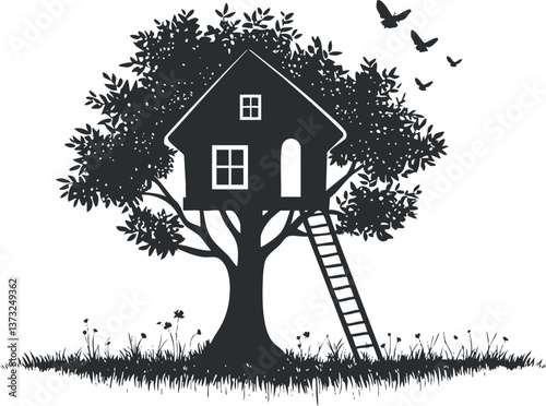 Black and white silhouette of a treehouse with ladder and birds in a natural setting.