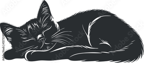 Silhouette illustration of a sleeping cat in black and white, capturing a peaceful and relaxed pose.